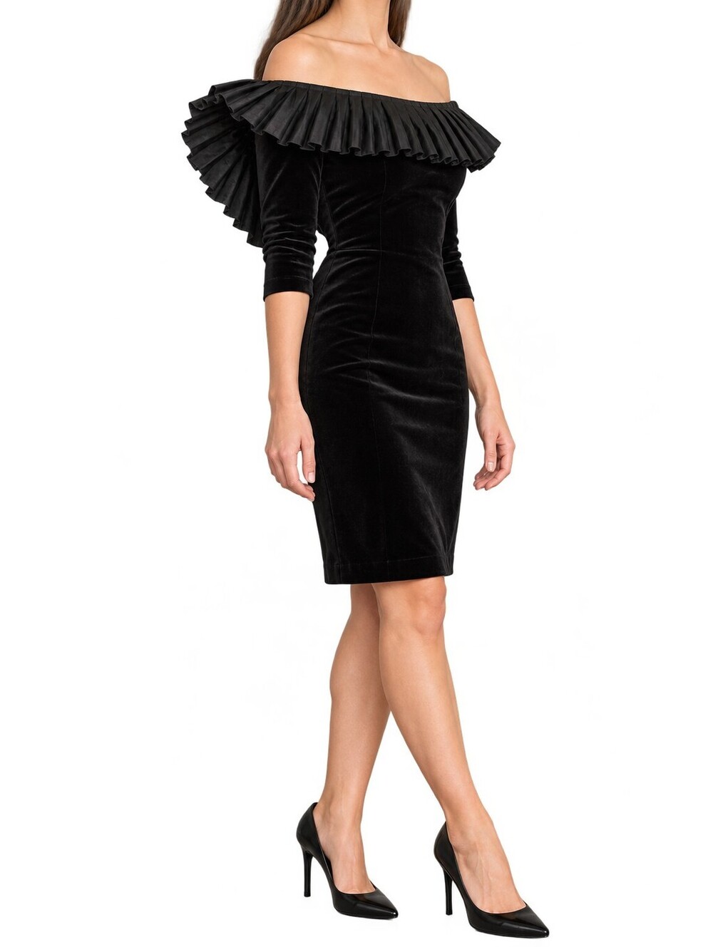 Rickie Freeman Teri Jon Black Velvet Ruffle 3/4 Sleeve Cocktail Dress Sz 2